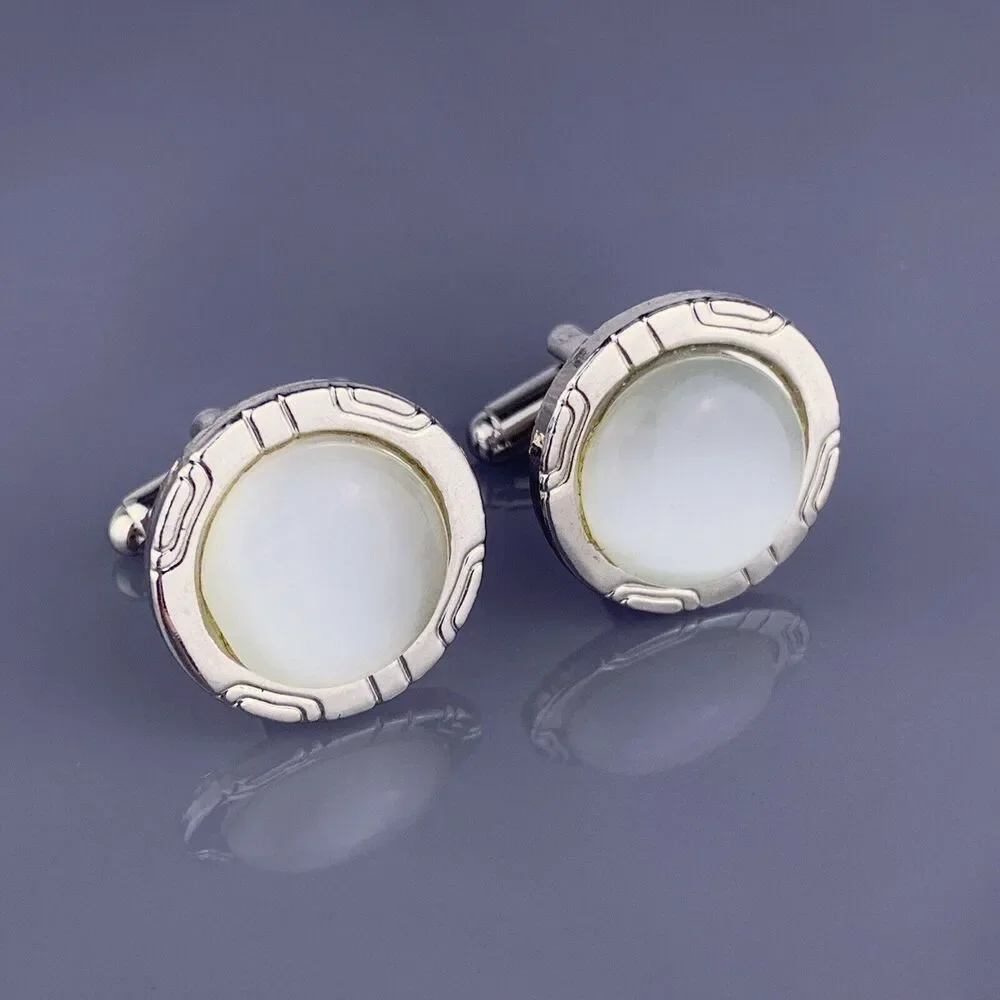 White Round Cabochon Cufflinks Silver Tone Modernist Simple Cats Eye Vintage
